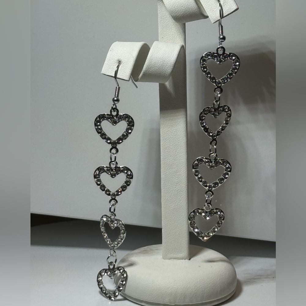 Saks Fifth Avenue Silver Tone 4 Dangling Heart  Pave Crystal Hook Earrings